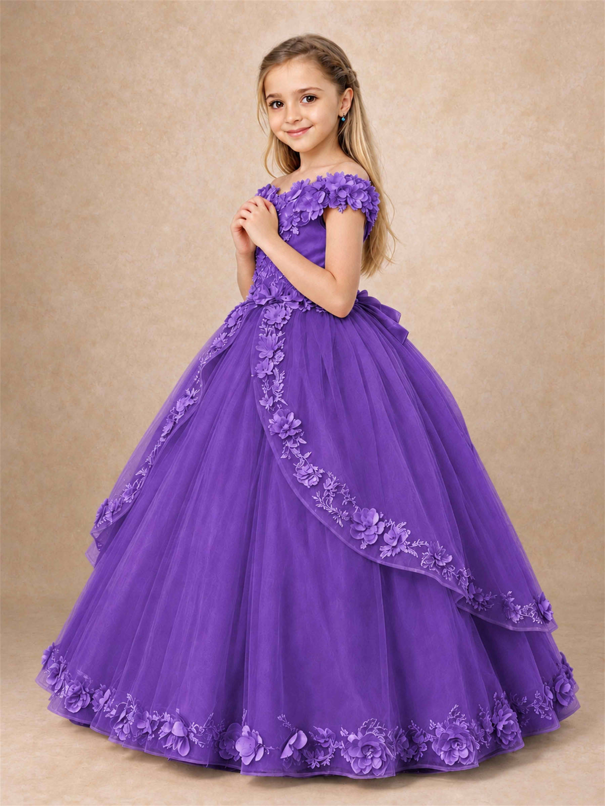 Girls Pageant Dresses Off Shoulder 3D Floral Tulle Long Ball Gown for Wedding Flower Girl