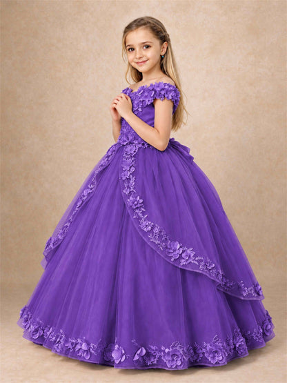Girls Pageant Dresses Off Shoulder 3D Floral Tulle Long Ball Gown for Wedding Flower Girl