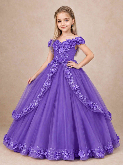 Girls Pageant Dresses Off Shoulder 3D Floral Tulle Long Ball Gown for Wedding Flower Girl