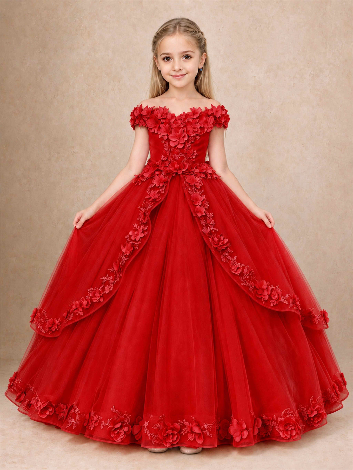 Girls Pageant Dresses Off Shoulder 3D Floral Tulle Long Ball Gown for Wedding Flower Girl