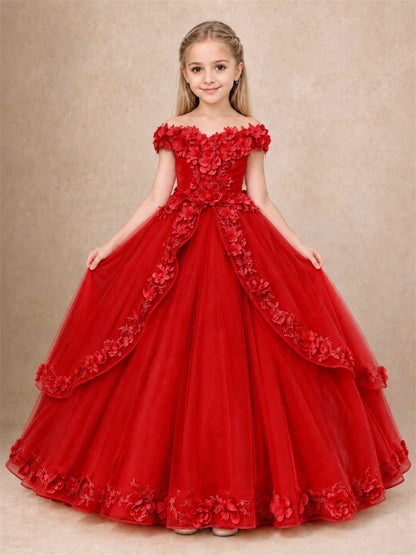 Girls Pageant Dresses Off Shoulder 3D Floral Tulle Long Ball Gown for Wedding Flower Girl