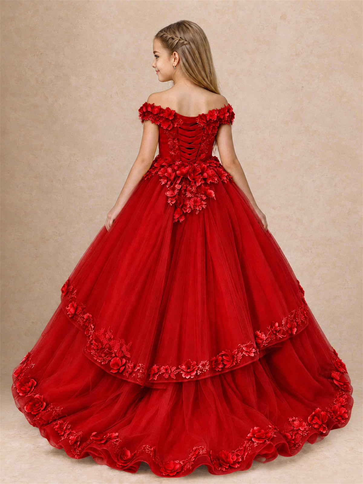 Girls Pageant Dresses Off Shoulder 3D Floral Tulle Long Ball Gown for Wedding Flower Girl