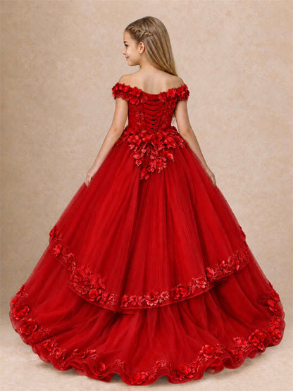 Girls Pageant Dresses Off Shoulder 3D Floral Tulle Long Ball Gown for Wedding Flower Girl