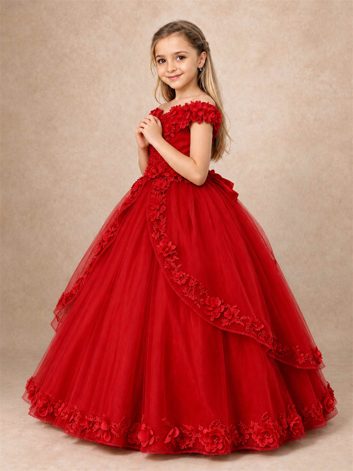 Girls Pageant Dresses Off Shoulder 3D Floral Tulle Long Ball Gown for Wedding Flower Girl