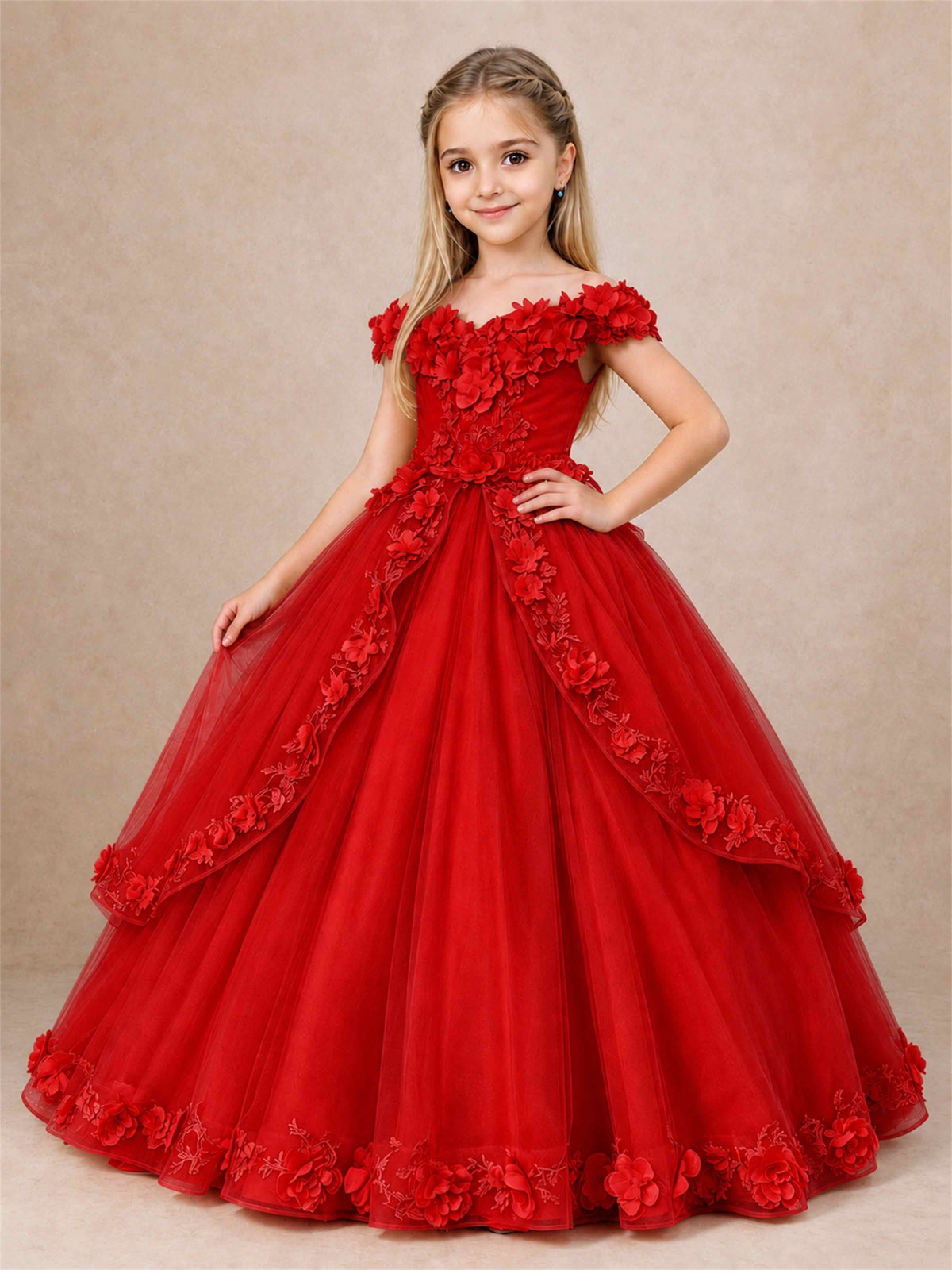 Girls Pageant Dresses Off Shoulder 3D Floral Tulle Long Ball Gown for Wedding Flower Girl