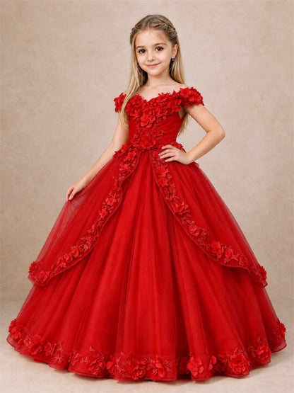 Girls Pageant Dresses Off Shoulder 3D Floral Tulle Long Ball Gown for Wedding Flower Girl