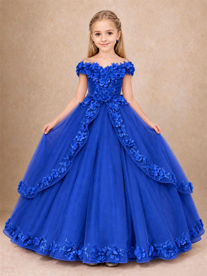 Girls Pageant Dresses Off Shoulder 3D Floral Tulle Long Ball Gown for Wedding Flower Girl