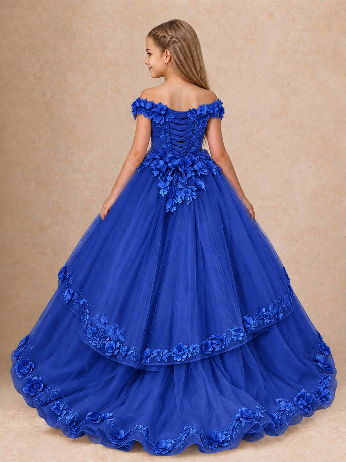 Girls Pageant Dresses Off Shoulder 3D Floral Tulle Long Ball Gown for Wedding Flower Girl