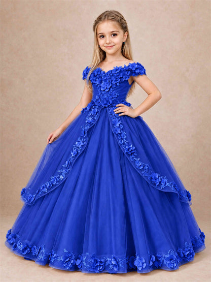 Girls Pageant Dresses Off Shoulder 3D Floral Tulle Long Ball Gown for Wedding Flower Girl