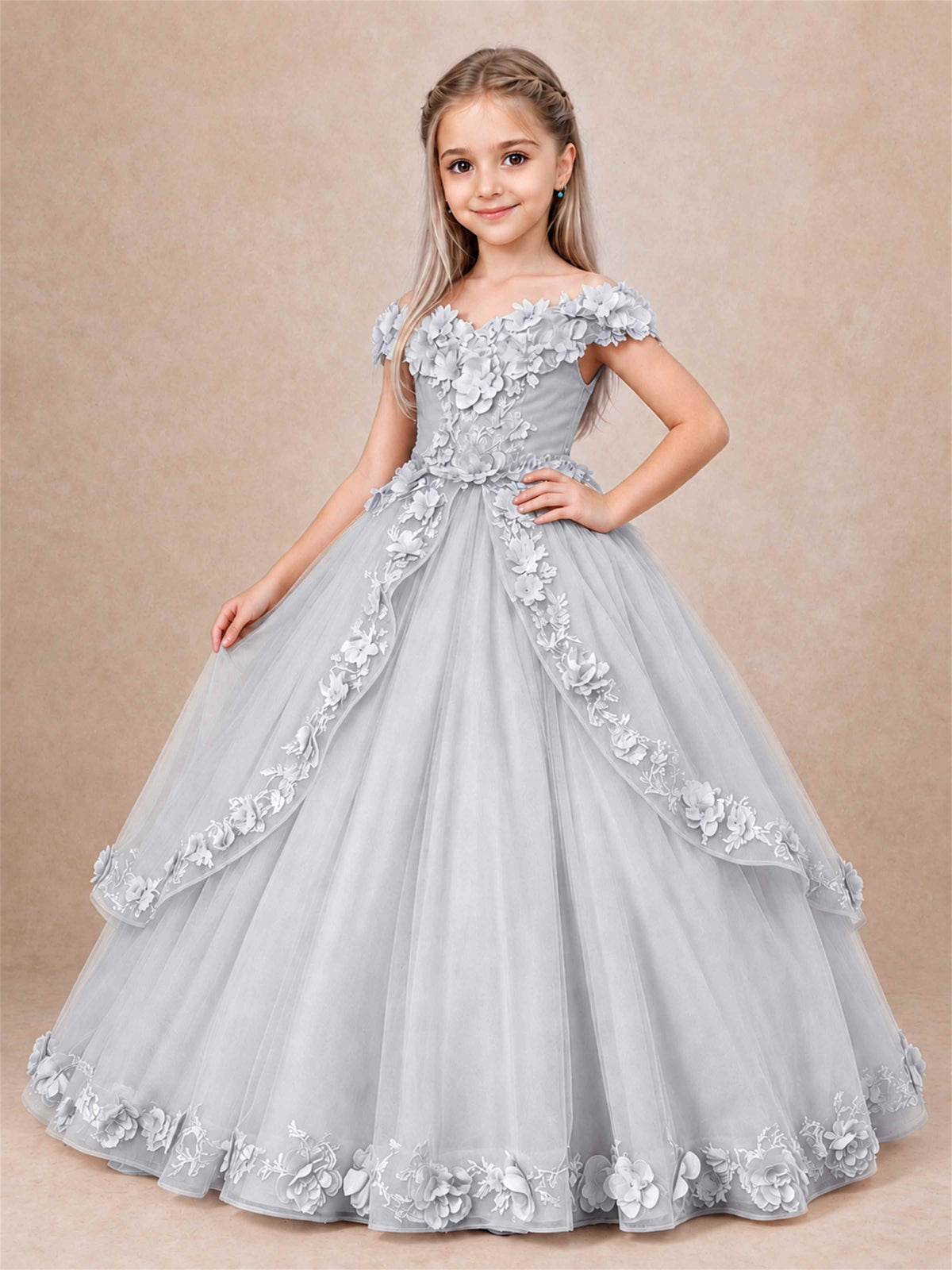 Girls Pageant Dresses Off Shoulder 3D Floral Tulle Long Ball Gown for Wedding Flower Girl