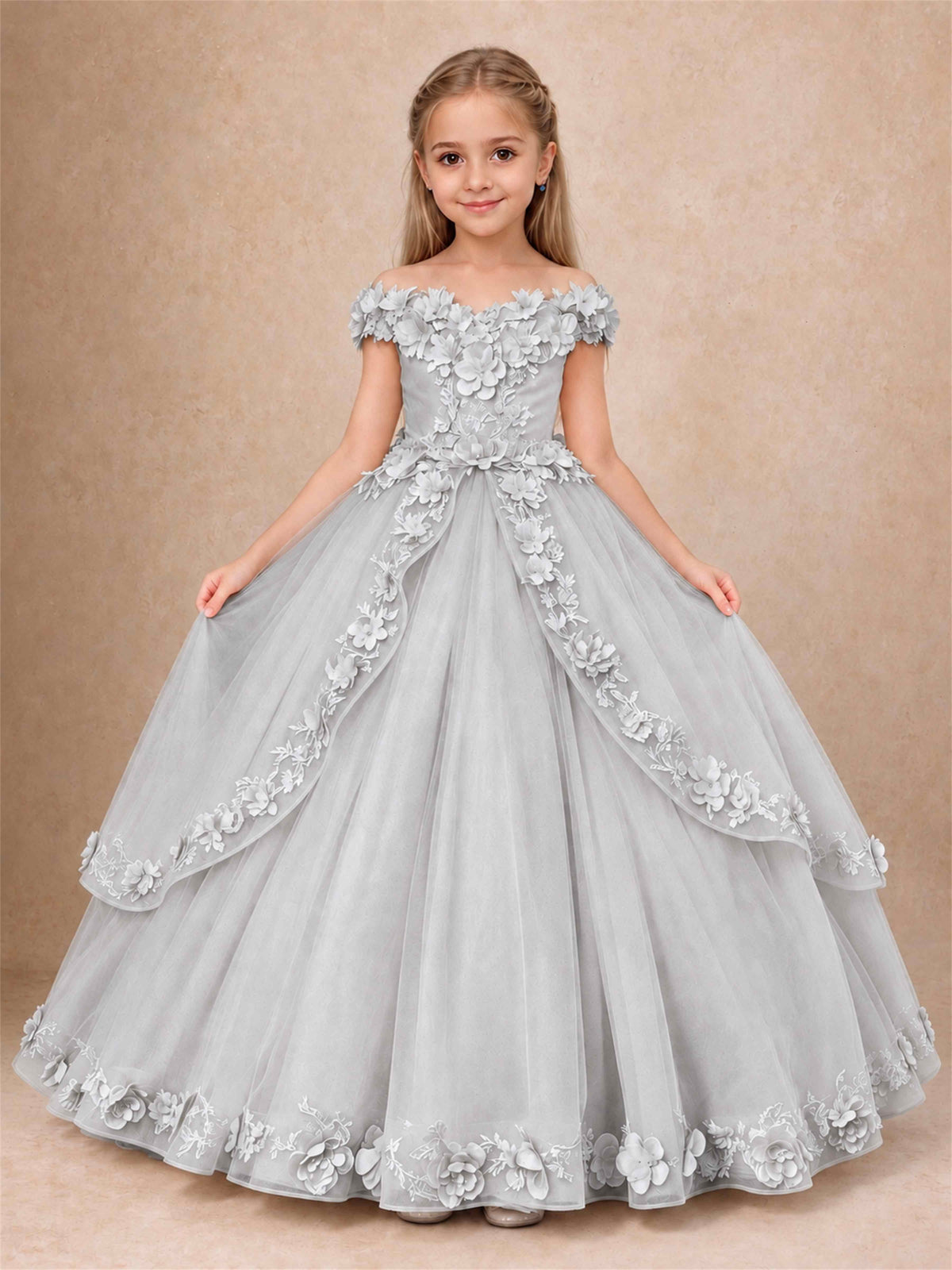 Girls Pageant Dresses Off Shoulder 3D Floral Tulle Long Ball Gown for Wedding Flower Girl