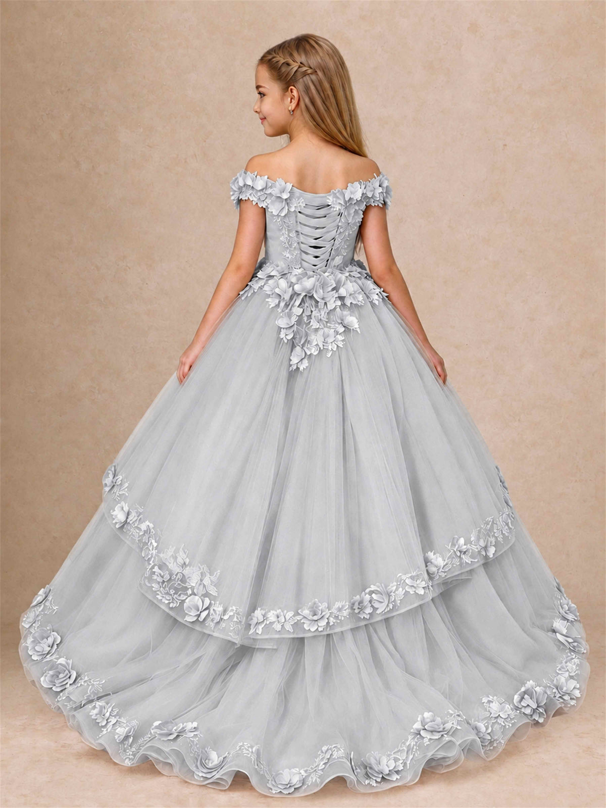 Girls Pageant Dresses Off Shoulder 3D Floral Tulle Long Ball Gown for Wedding Flower Girl
