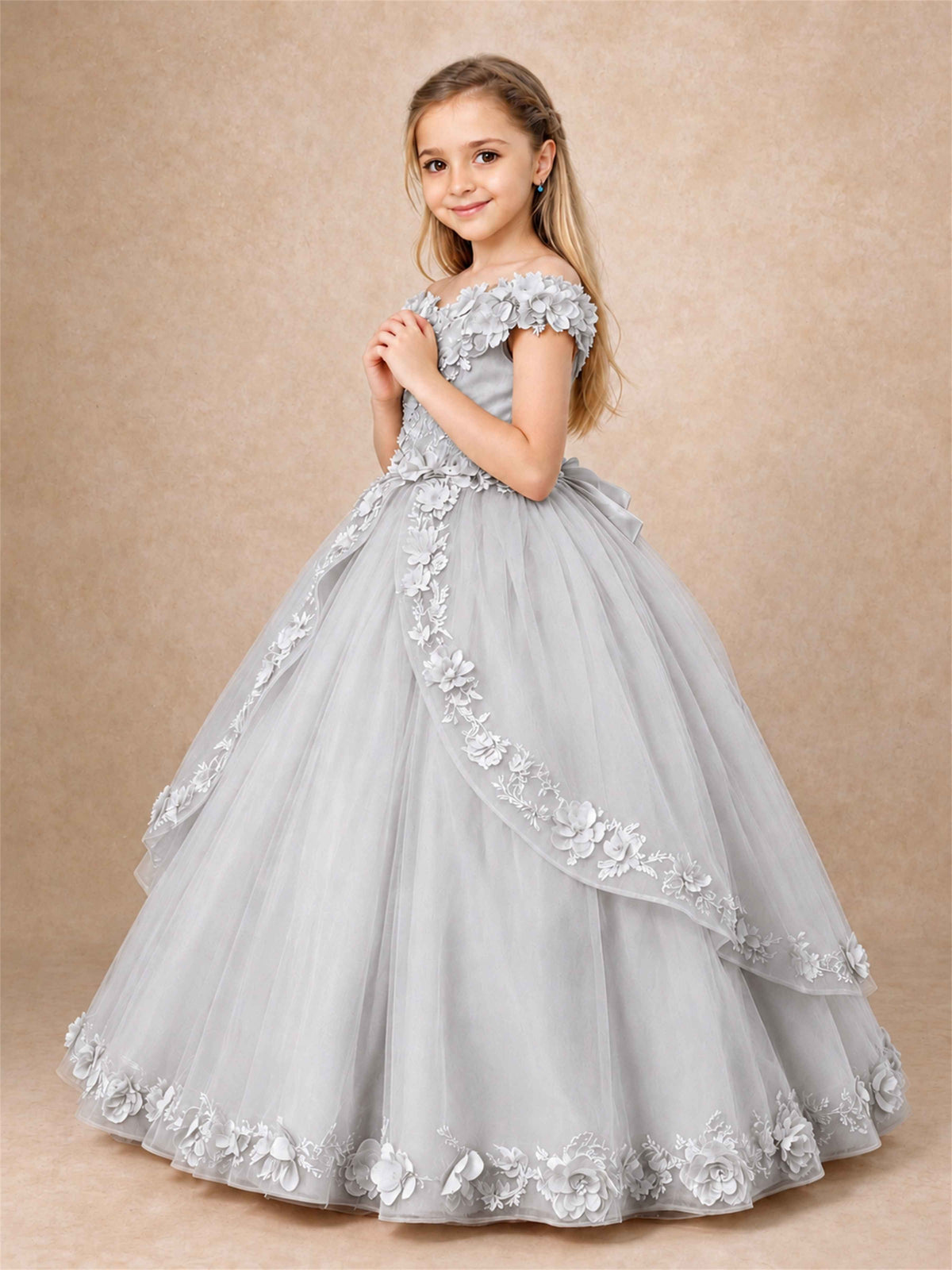 Girls Pageant Dresses Off Shoulder 3D Floral Tulle Long Ball Gown for Wedding Flower Girl