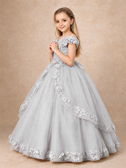 Girls Pageant Dresses Off Shoulder 3D Floral Tulle Long Ball Gown for Wedding Flower Girl