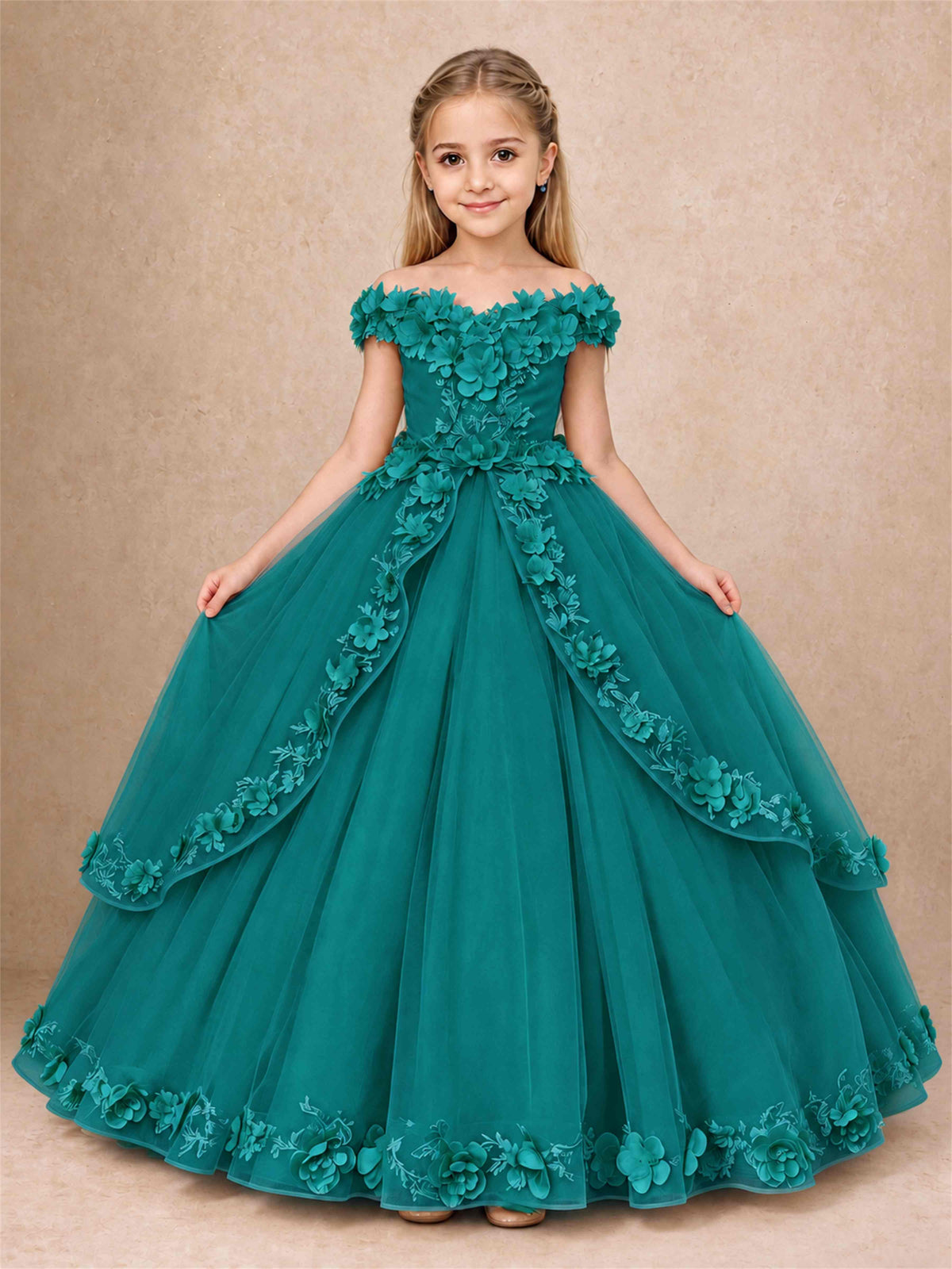 Girls Pageant Dresses Off Shoulder 3D Floral Tulle Long Ball Gown for Wedding Flower Girl