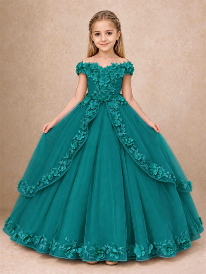 Girls Pageant Dresses Off Shoulder 3D Floral Tulle Long Ball Gown for Wedding Flower Girl