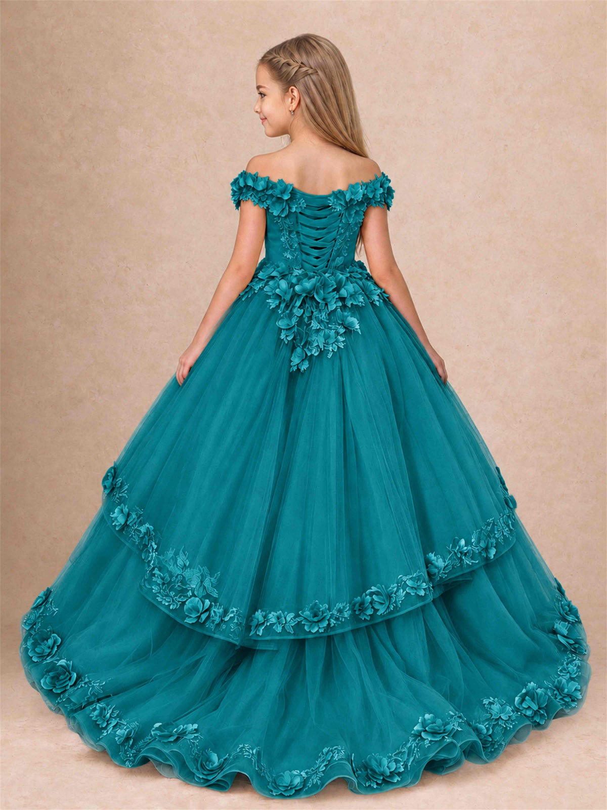 Girls Pageant Dresses Off Shoulder 3D Floral Tulle Long Ball Gown for Wedding Flower Girl
