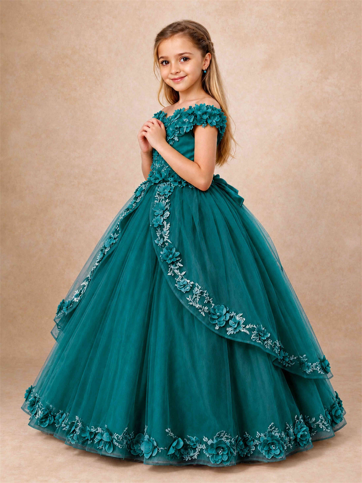 Girls Pageant Dresses Off Shoulder 3D Floral Tulle Long Ball Gown for Wedding Flower Girl