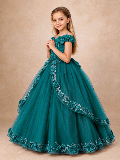 Girls Pageant Dresses Off Shoulder 3D Floral Tulle Long Ball Gown for Wedding Flower Girl