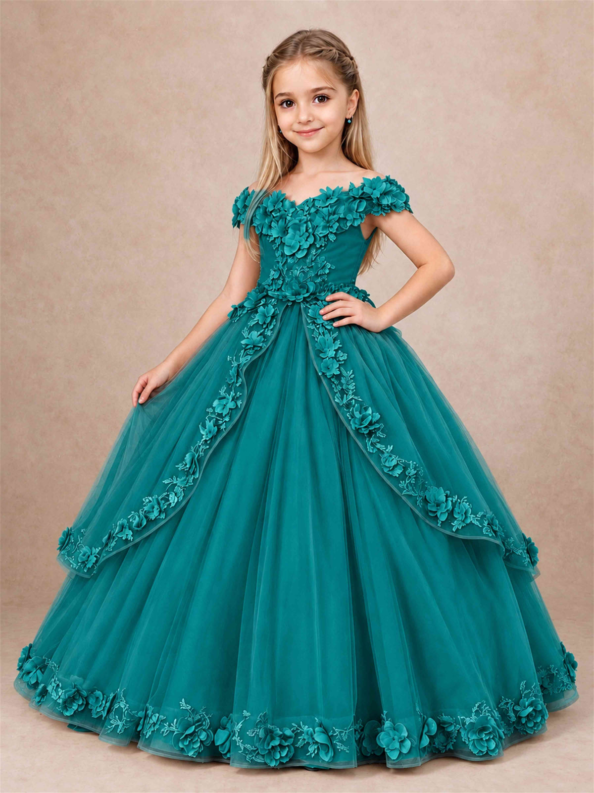 Girls Pageant Dresses Off Shoulder 3D Floral Tulle Long Ball Gown for Wedding Flower Girl