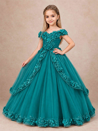 Girls Pageant Dresses Off Shoulder 3D Floral Tulle Long Ball Gown for Wedding Flower Girl