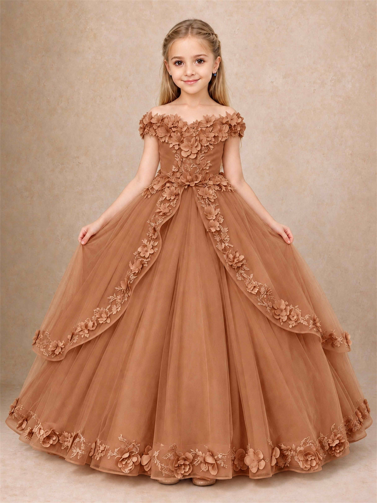 Girls Pageant Dresses Off Shoulder 3D Floral Tulle Long Ball Gown for Wedding Flower Girl