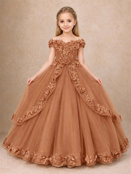 Girls Pageant Dresses Off Shoulder 3D Floral Tulle Long Ball Gown for Wedding Flower Girl