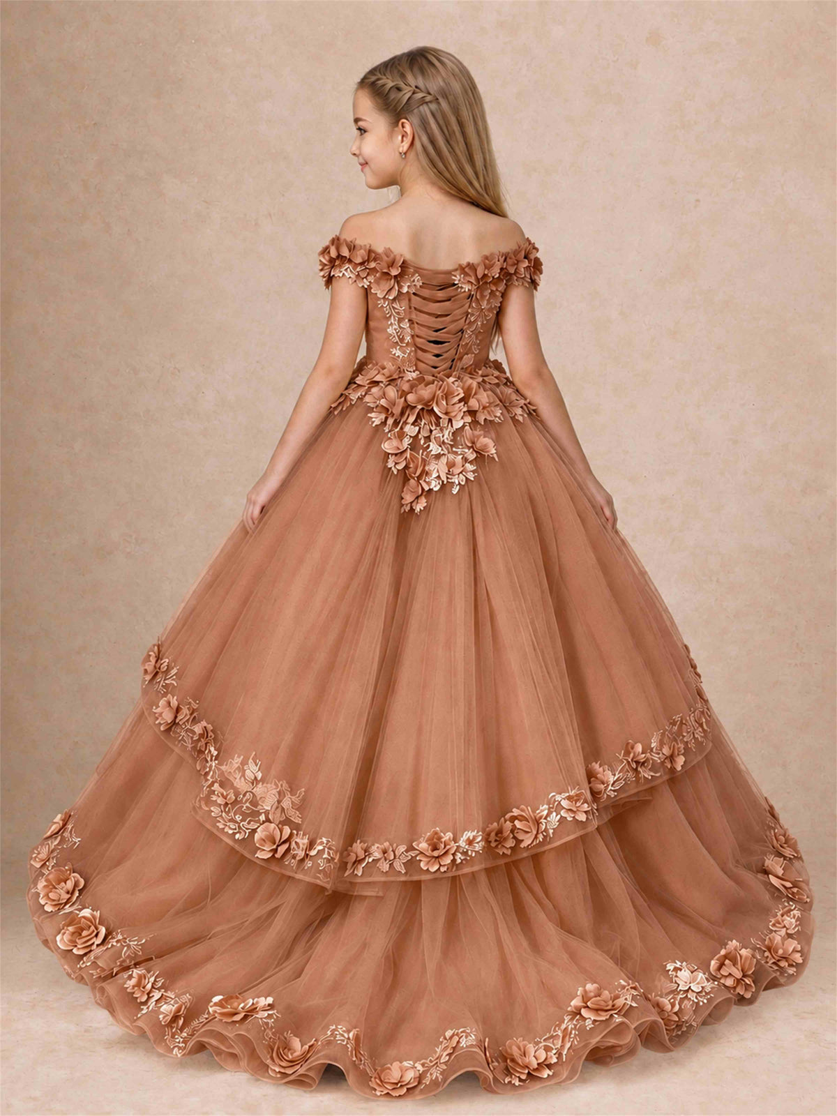 Girls Pageant Dresses Off Shoulder 3D Floral Tulle Long Ball Gown for Wedding Flower Girl