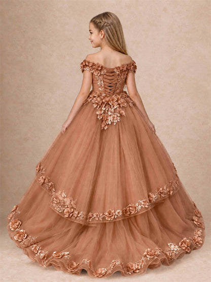 Girls Pageant Dresses Off Shoulder 3D Floral Tulle Long Ball Gown for Wedding Flower Girl