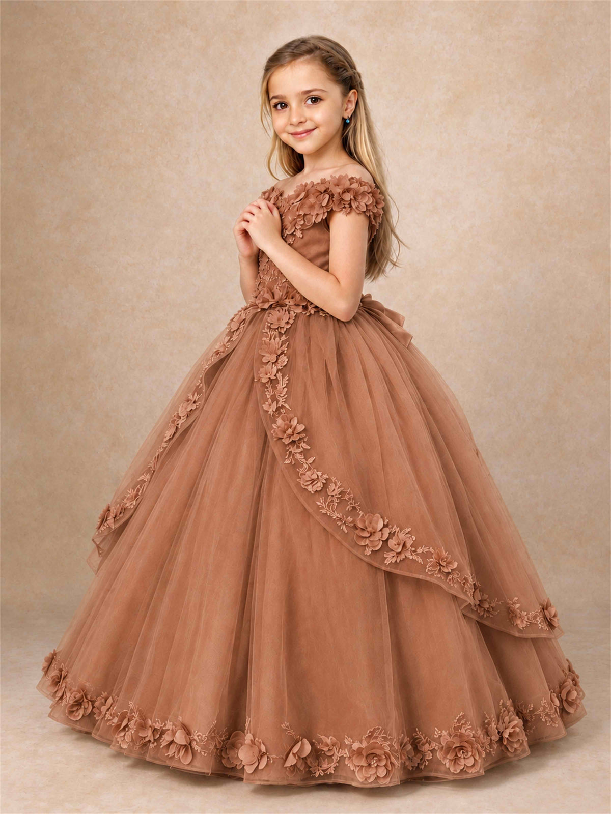 Girls Pageant Dresses Off Shoulder 3D Floral Tulle Long Ball Gown for Wedding Flower Girl
