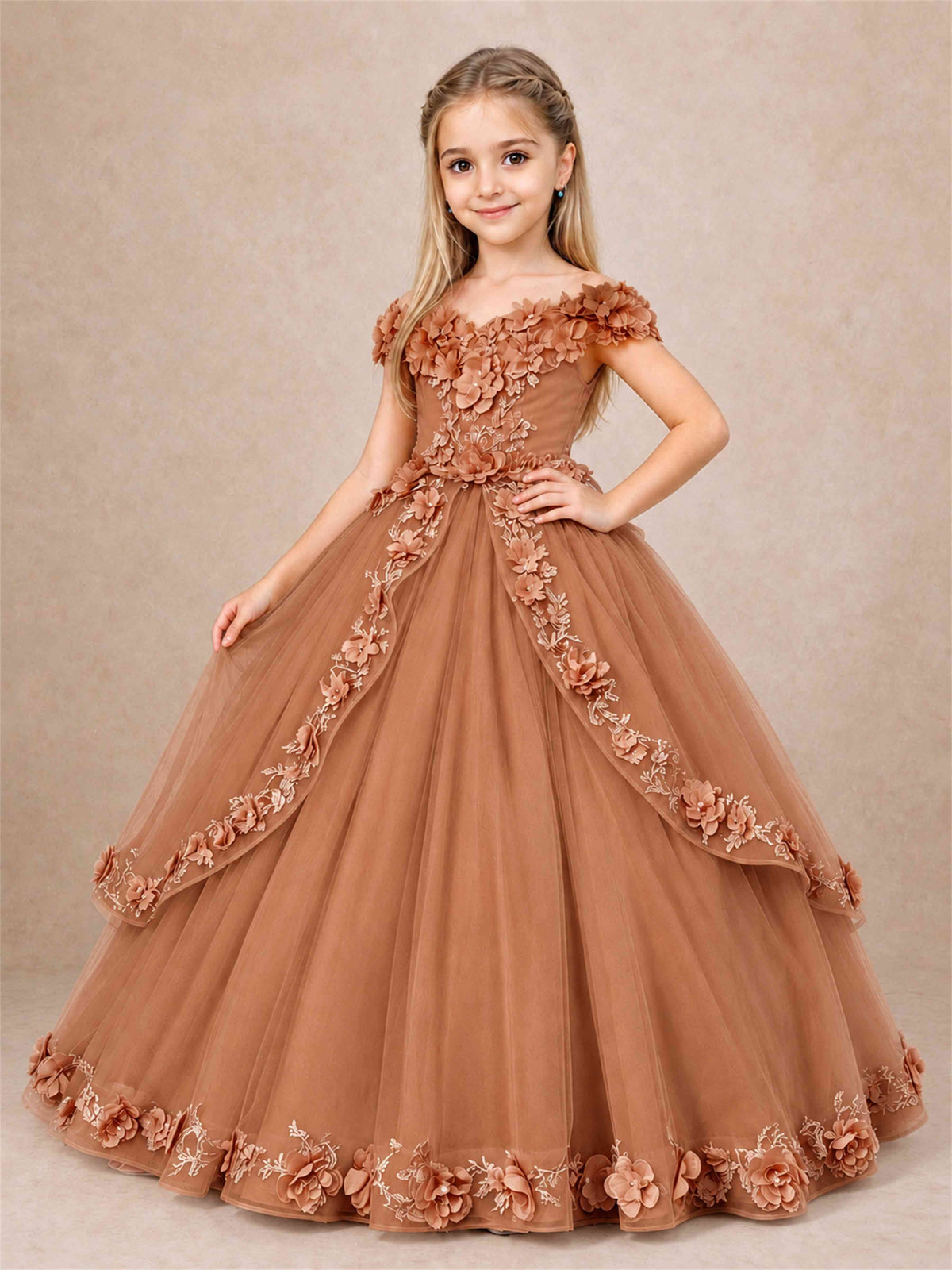 Girls Pageant Dresses Off Shoulder 3D Floral Tulle Long Ball Gown for Wedding Flower Girl