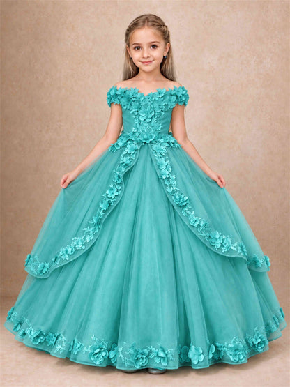 Girls Pageant Dresses Off Shoulder 3D Floral Tulle Long Ball Gown for Wedding Flower Girl