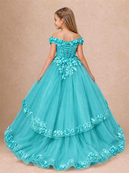 Girls Pageant Dresses Off Shoulder 3D Floral Tulle Long Ball Gown for Wedding Flower Girl