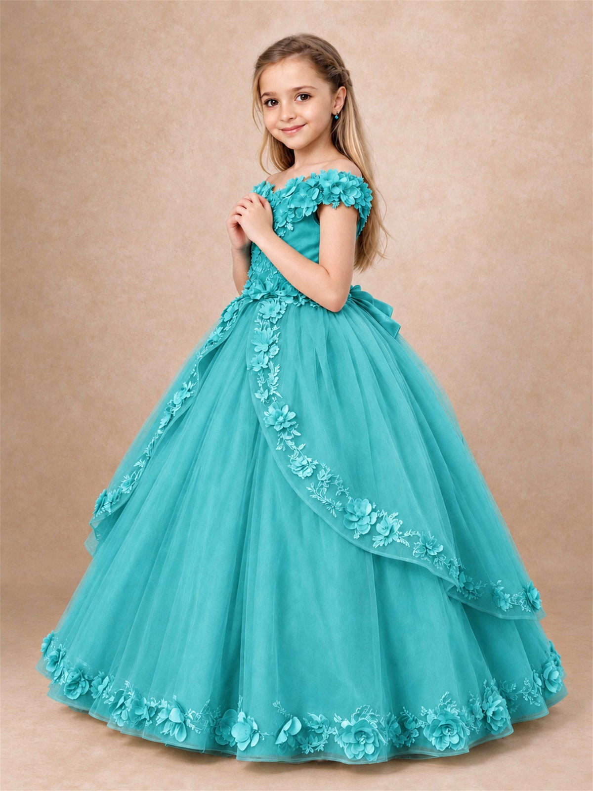 Girls Pageant Dresses Off Shoulder 3D Floral Tulle Long Ball Gown for Wedding Flower Girl