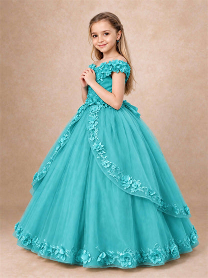 Girls Pageant Dresses Off Shoulder 3D Floral Tulle Long Ball Gown for Wedding Flower Girl