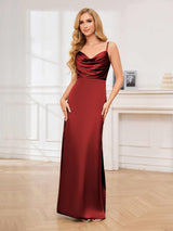 Glamorous Cowl Neck Spaghetti Straps Sheath Satin Bridesmaid Dresses