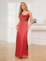 Glamorous Cowl Neck Spaghetti Straps Sheath Satin Bridesmaid Dresses