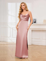 Glamorous Cowl Neck Spaghetti Straps Sheath Satin Bridesmaid Dresses
