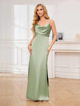 Glamorous Cowl Neck Spaghetti Straps Sheath Satin Bridesmaid Dresses