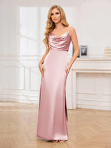 Glamorous Cowl Neck Spaghetti Straps Sheath Satin Bridesmaid Dresses