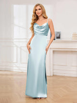 Glamorous Cowl Neck Spaghetti Straps Sheath Satin Bridesmaid Dresses