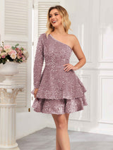 Glamorous One Shoulder Long Sleeve Tiered Sequins Homecoming Dresses