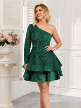 Glamorous One Shoulder Long Sleeve Tiered Sequins Homecoming Dresses
