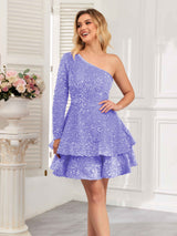 Glamorous One Shoulder Long Sleeve Tiered Sequins Homecoming Dresses