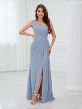 Glamorous One Shoulder Ruched Long Chiffon Bridesmaid Dresses