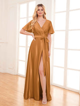 Glamorous V-Neck Belt Slit Floor Length Stretch Satin Party Dresses