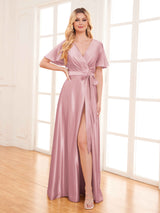 Glamorous V-Neck Belt Slit Floor Length Stretch Satin Party Dresses