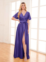 Glamorous V-Neck Belt Slit Floor Length Stretch Satin Party Dresses