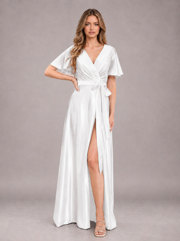 White Glamorous V-Neck Belt Slit Floor Length Stretch Satin Bridesmaid Dress