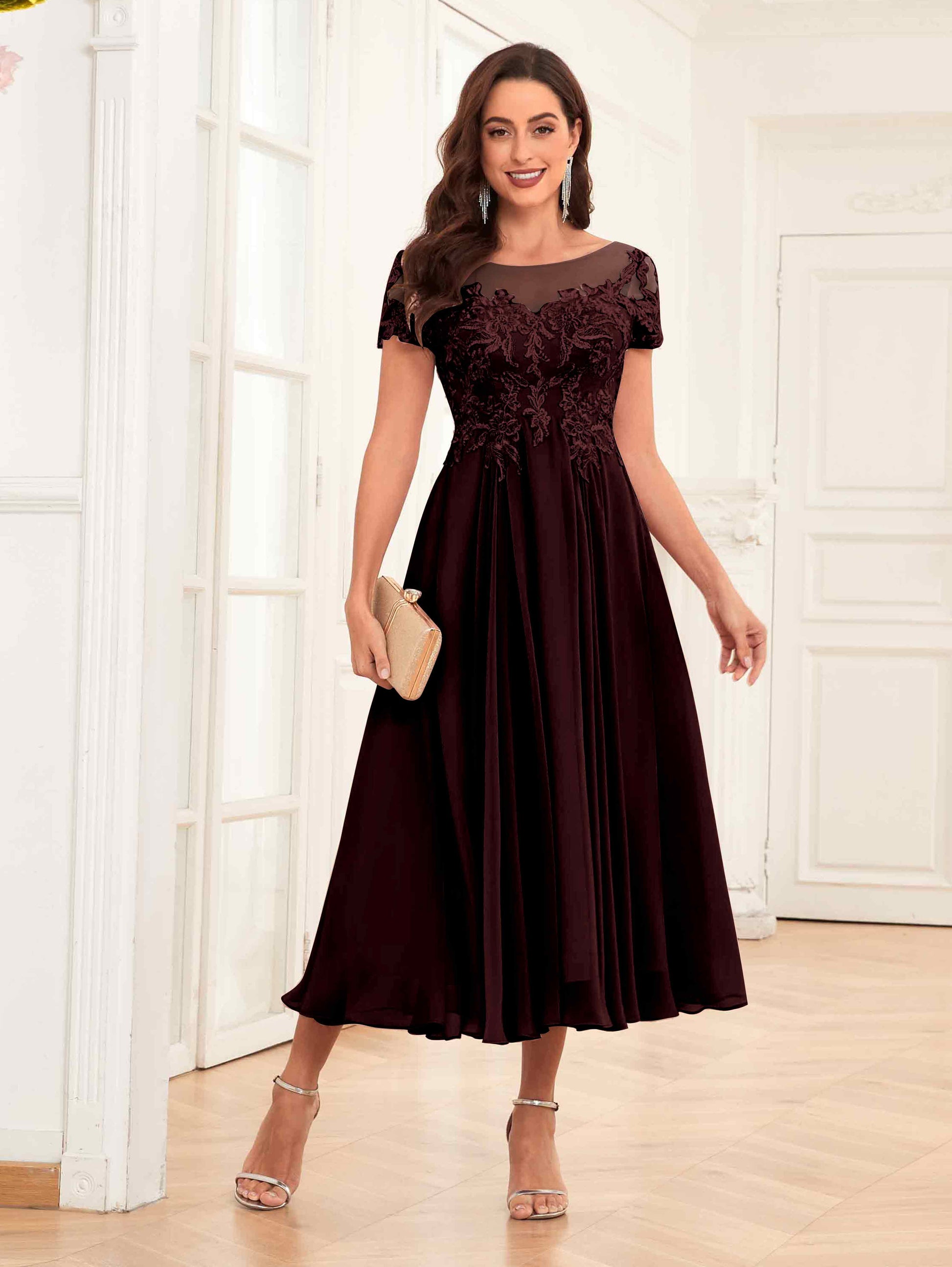 Gorgeous Illusion A-Line Tea Length Lace Mother Of The Bride Dresses –
